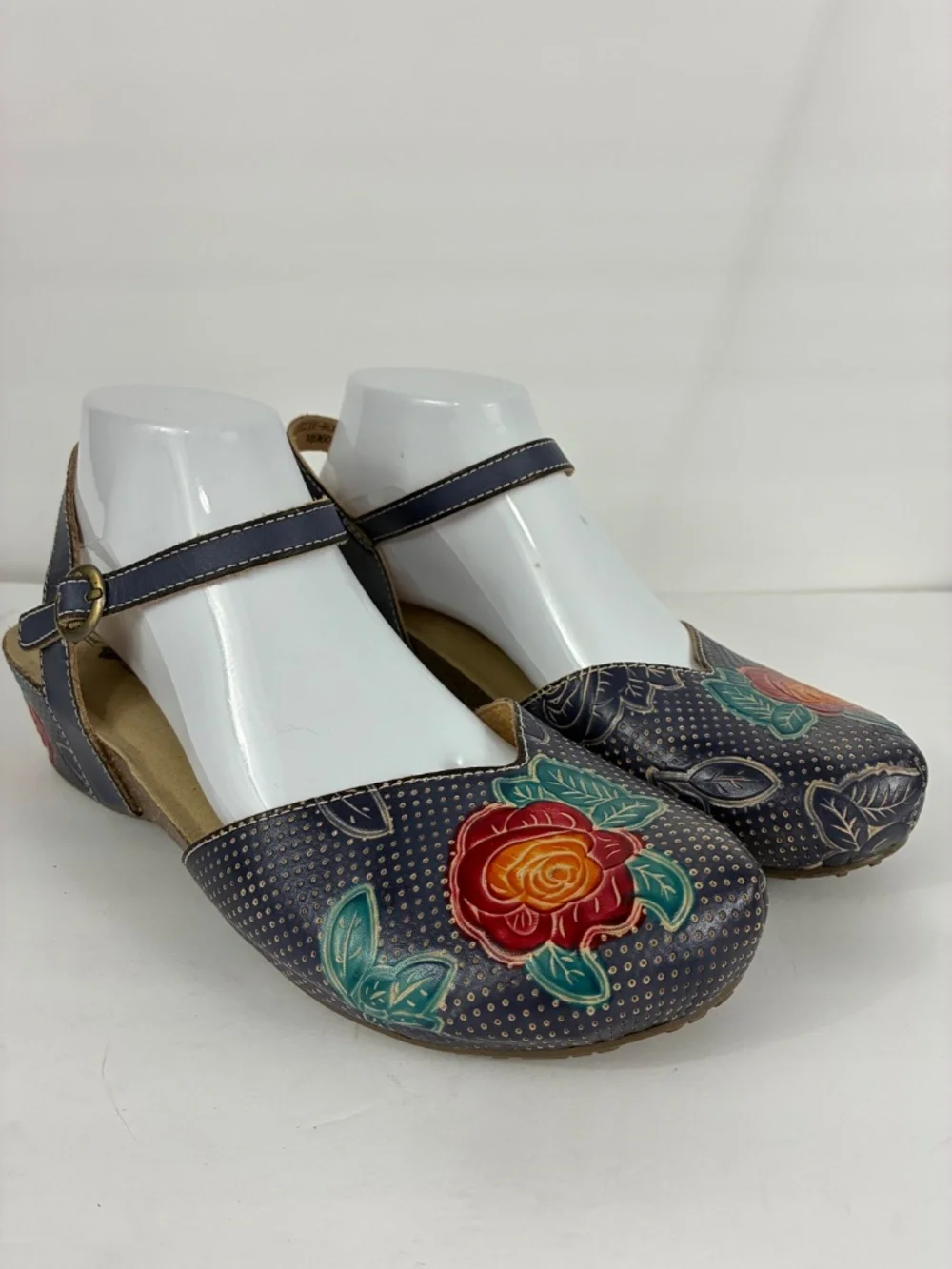 L'Artiste Lizzie Rose Shoes 9.5 10 Tooled Leather Navy Floral Boho Spring Step
